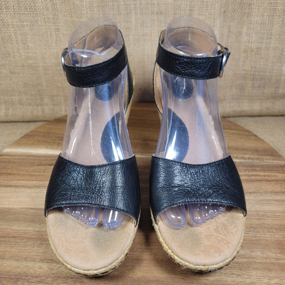 BOC Born Concept Wedge Sandals Black Leather Ankle Strap Womens 10 M Woven Heel - Picture 2 of 11